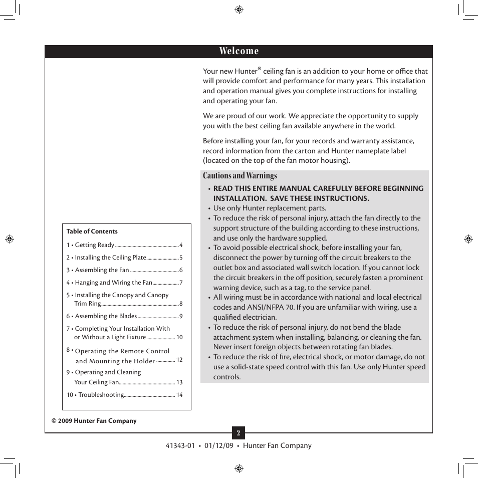 Welcome, Cautions and warnings | Hunter 22451 52 Brookline User Manual | Page 2 / 14