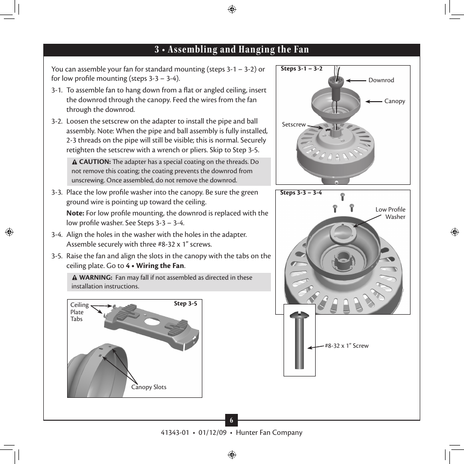 3 • assembling and hanging the fan | Hunter 22451 52 Brookline User Manual | Page 6 / 14