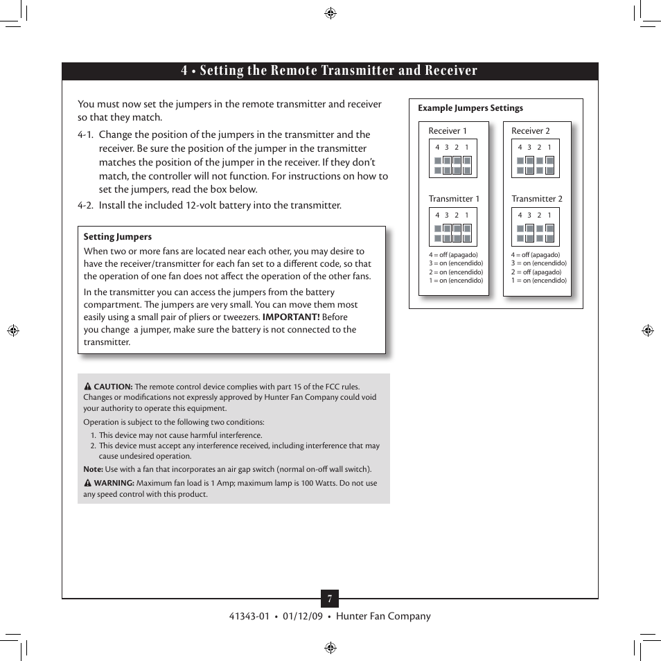 4 • setting the remote transmitter and receiver | Hunter 22451 52 Brookline User Manual | Page 7 / 14