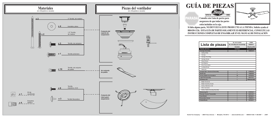 Guía de piezas, Materiales, Piezas del ventilador | Parada, Lista de piezas | Hunter Fan 22926 User Manual | Page 2 / 2