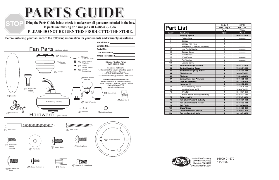 Parts guide, Part list, Fan parts | Hardware, Please do not return this product to the store | Hunter Fan 23781 User Manual | Page 2 / 4