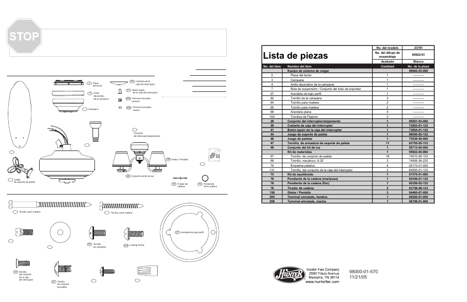 Gu guíía a de piezas de piezas guía de piezas, Lista de piezas, Materiales | Piezas del ventilador | Hunter Fan 23781 User Manual | Page 3 / 4