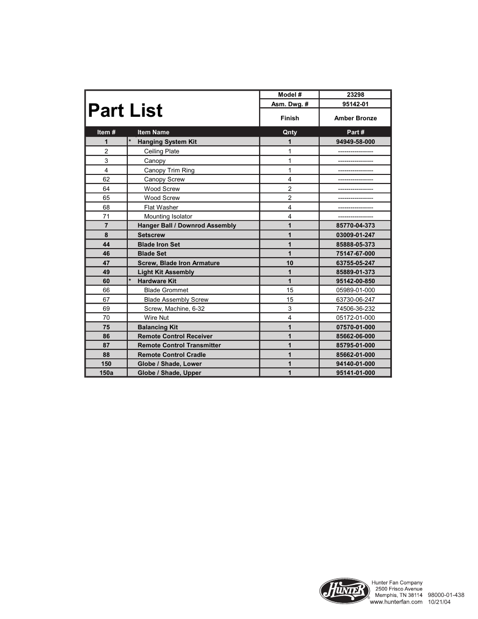 Part list | Hunter Fan 23298 User Manual | Page 2 / 4