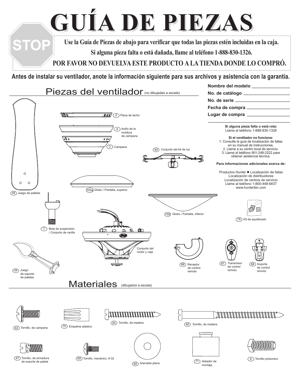 Guía de piezas, Materiales, Piezas del ventilador | Hunter Fan 23298 User Manual | Page 3 / 4