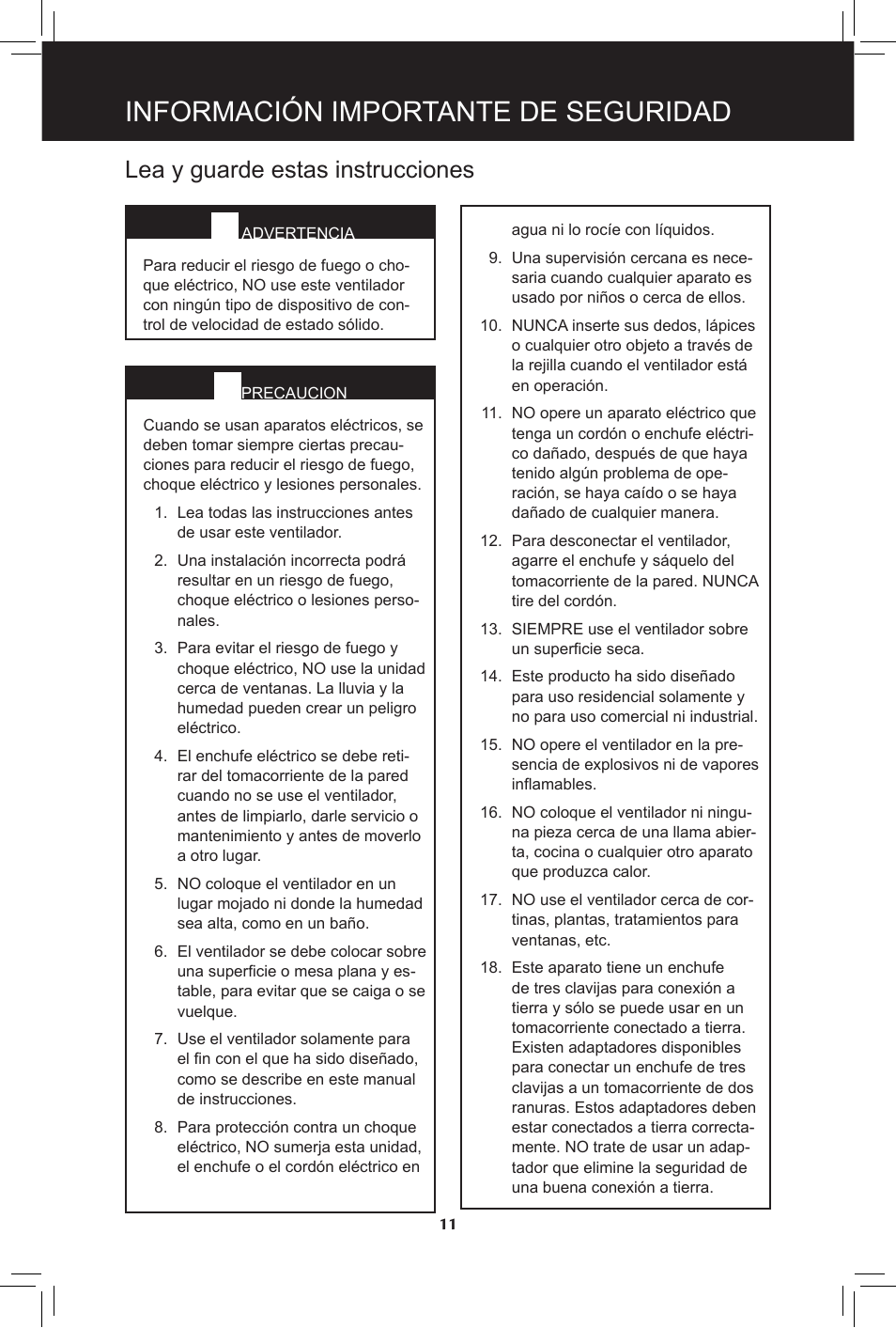 Información importante de seguridad, Lea y guarde estas instrucciones | Hunter Fan 20091104 User Manual | Page 11 / 28