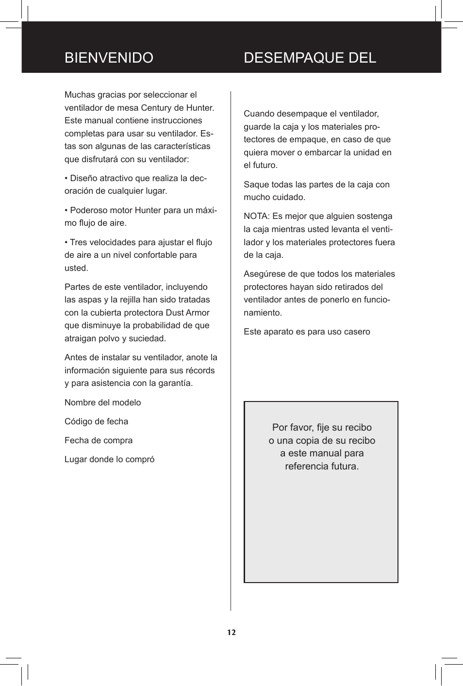 Bienvenido desempaque del | Hunter Fan 20091104 User Manual | Page 12 / 28