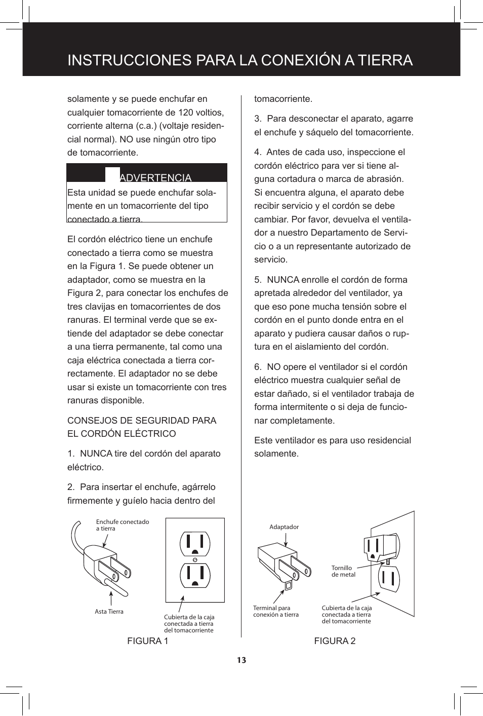 Instrucciones para la conexión a tierra, Advertencia | Hunter Fan 20091104 User Manual | Page 13 / 28