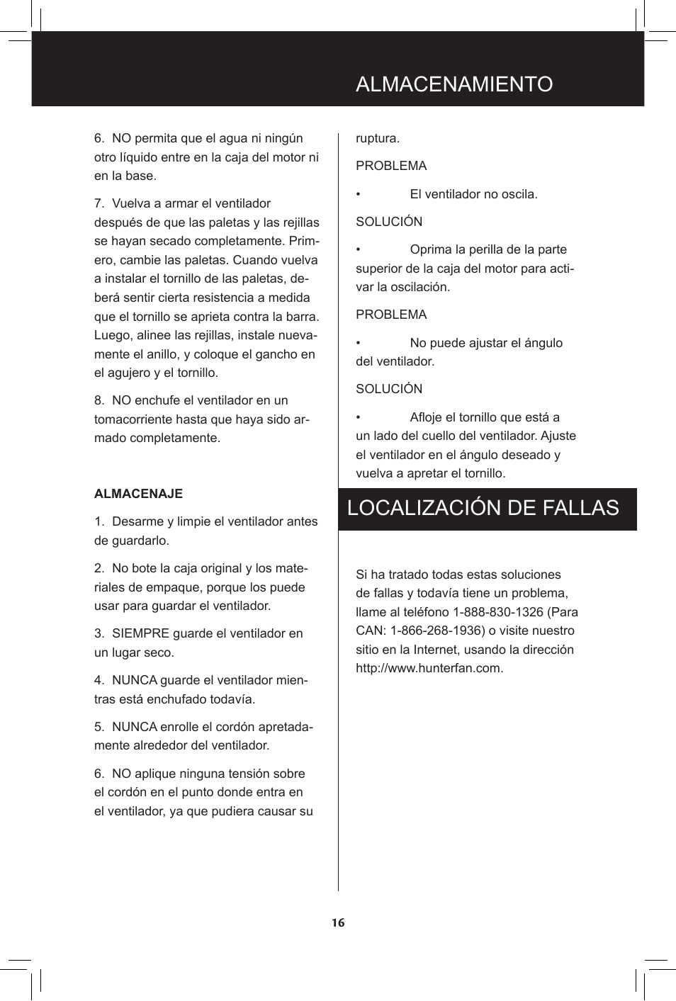 Almacenamiento, Localización de fallas | Hunter Fan 20091104 User Manual | Page 16 / 28