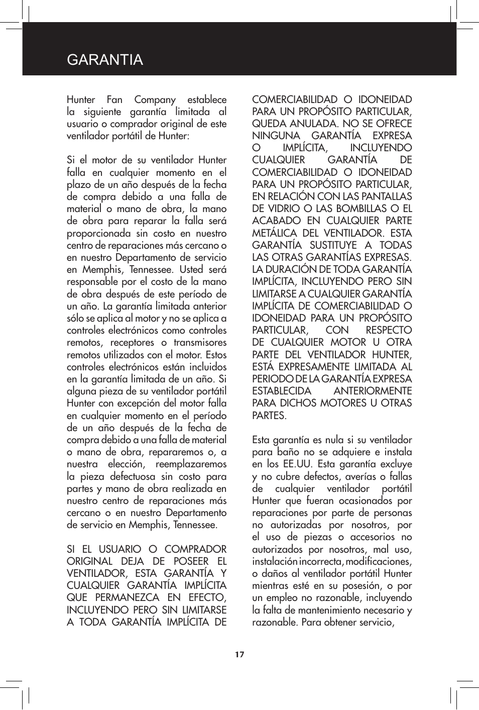 Garantia | Hunter Fan 20091104 User Manual | Page 17 / 28