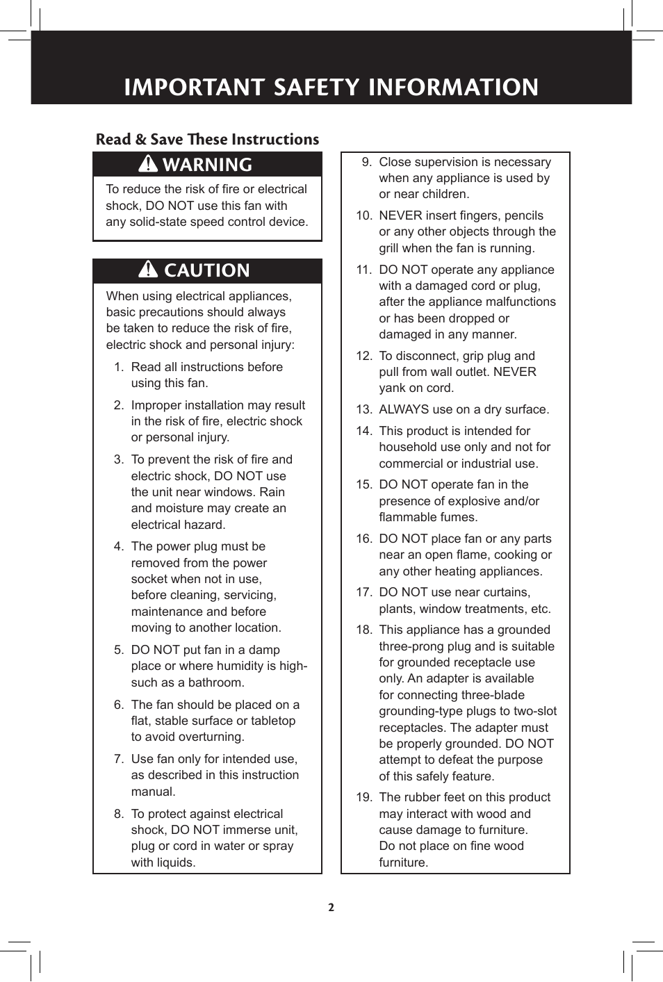 Important safety information, Warning caution, Read & save these instructions | Hunter Fan 20091104 User Manual | Page 2 / 28