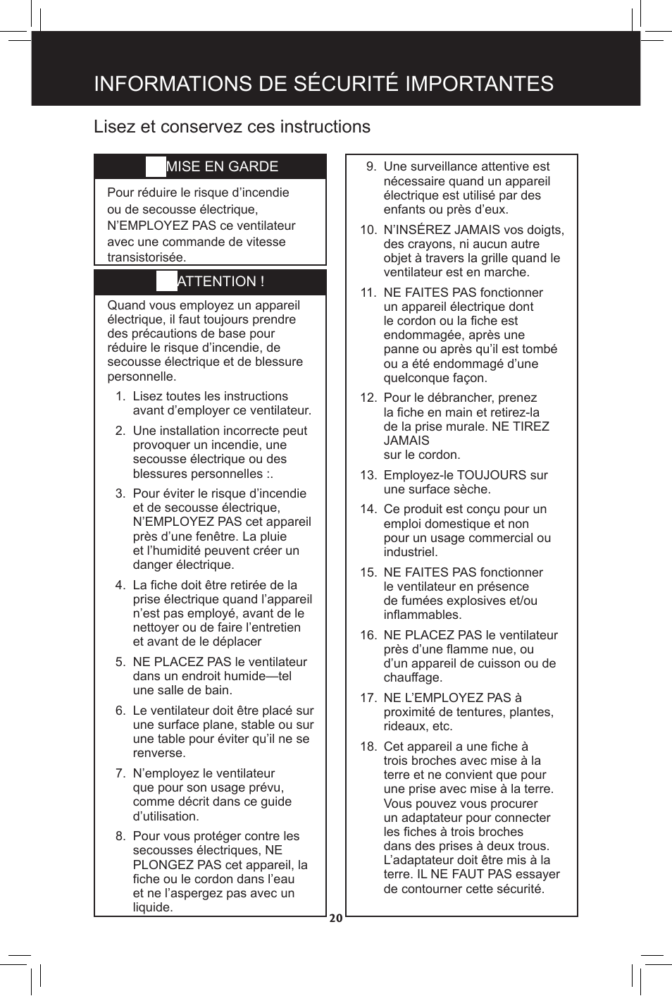 Informations de sécurité importantes, Lisez et conservez ces instructions | Hunter Fan 20091104 User Manual | Page 20 / 28