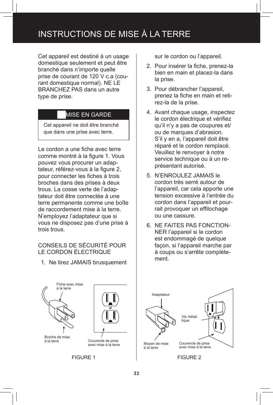 Instructions de mise à la terre | Hunter Fan 20091104 User Manual | Page 22 / 28