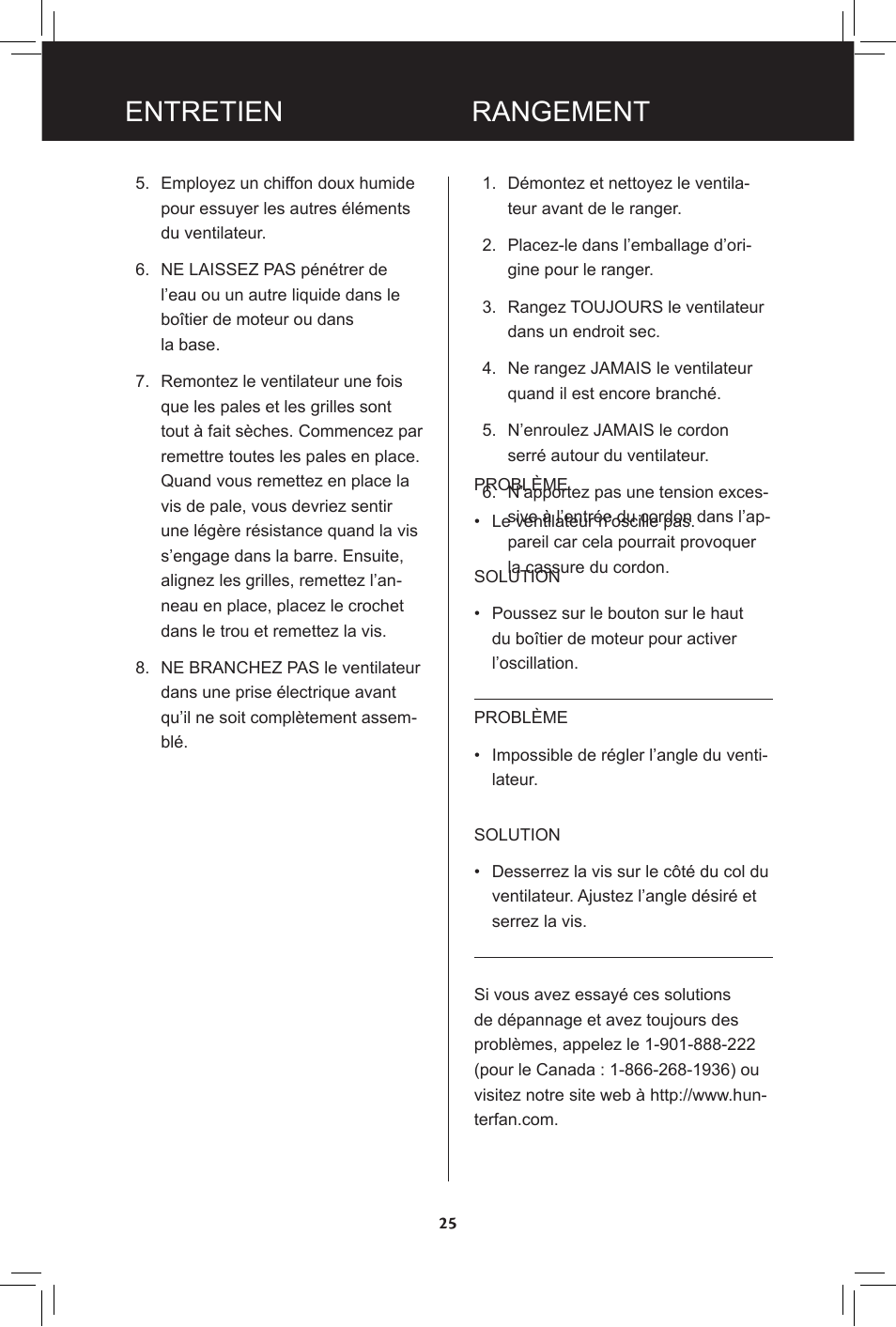 Entretien, Rangement dépannage | Hunter Fan 20091104 User Manual | Page 25 / 28