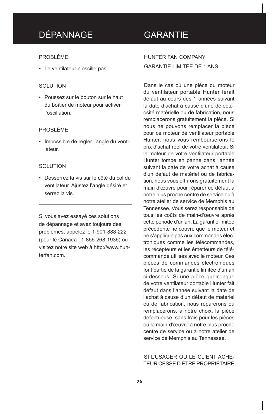 Dépannage, Garantie | Hunter Fan 20091104 User Manual | Page 26 / 28