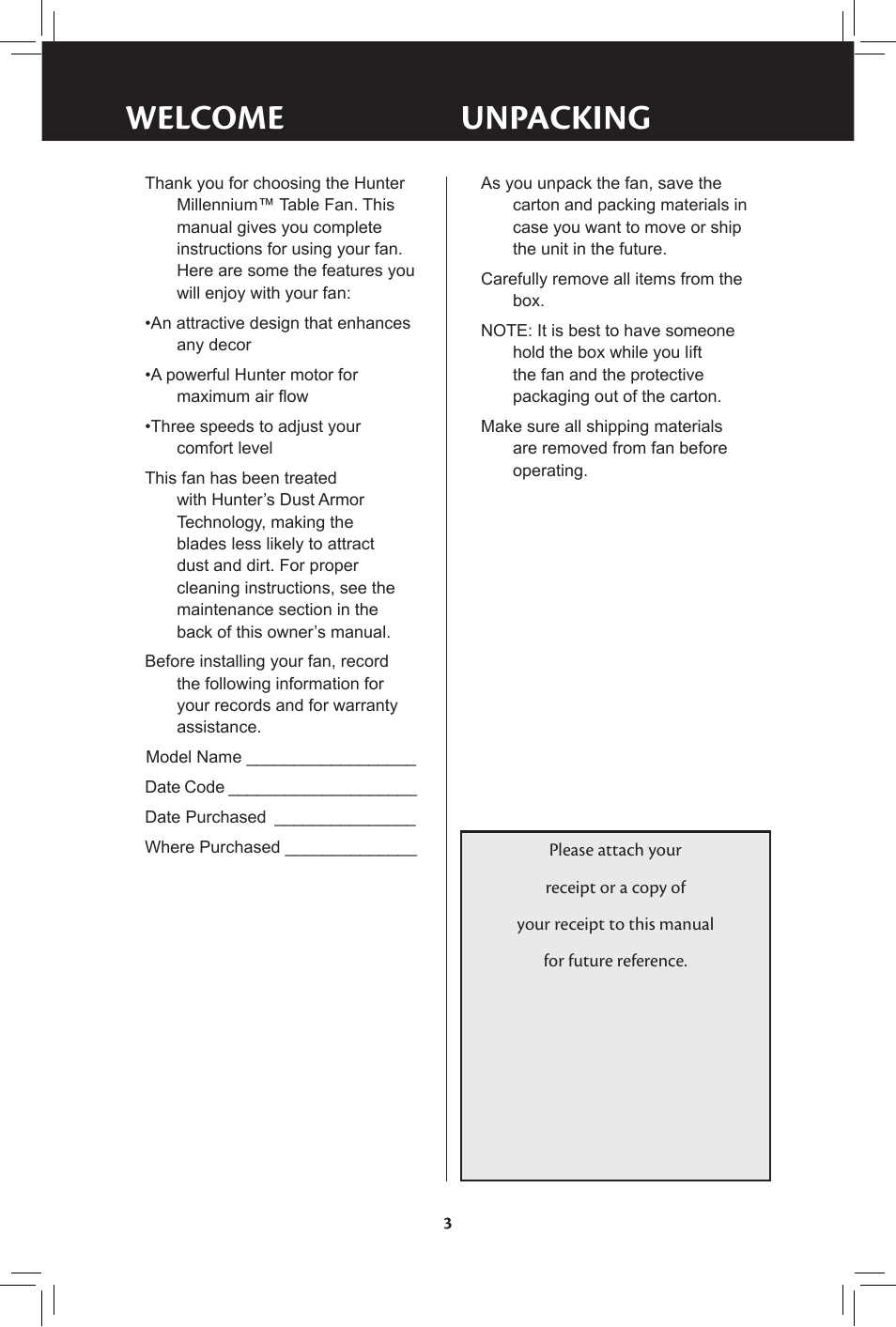 Welcome unpacking | Hunter Fan 20091104 User Manual | Page 3 / 28