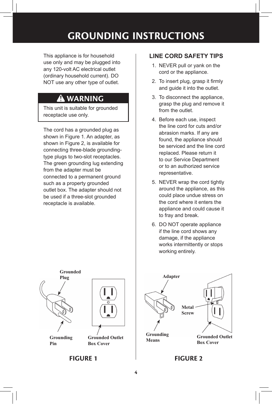 Grounding instructions, Warning, Figure 1 figure 2 | Hunter Fan 20091104 User Manual | Page 4 / 28