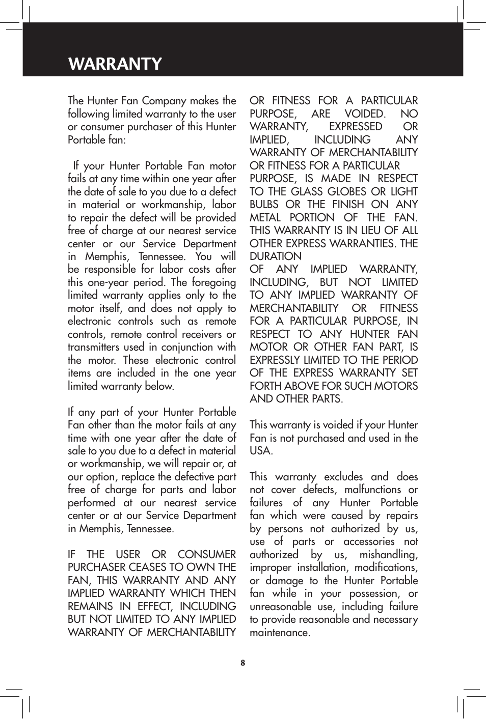 Warranty | Hunter Fan 20091104 User Manual | Page 8 / 28