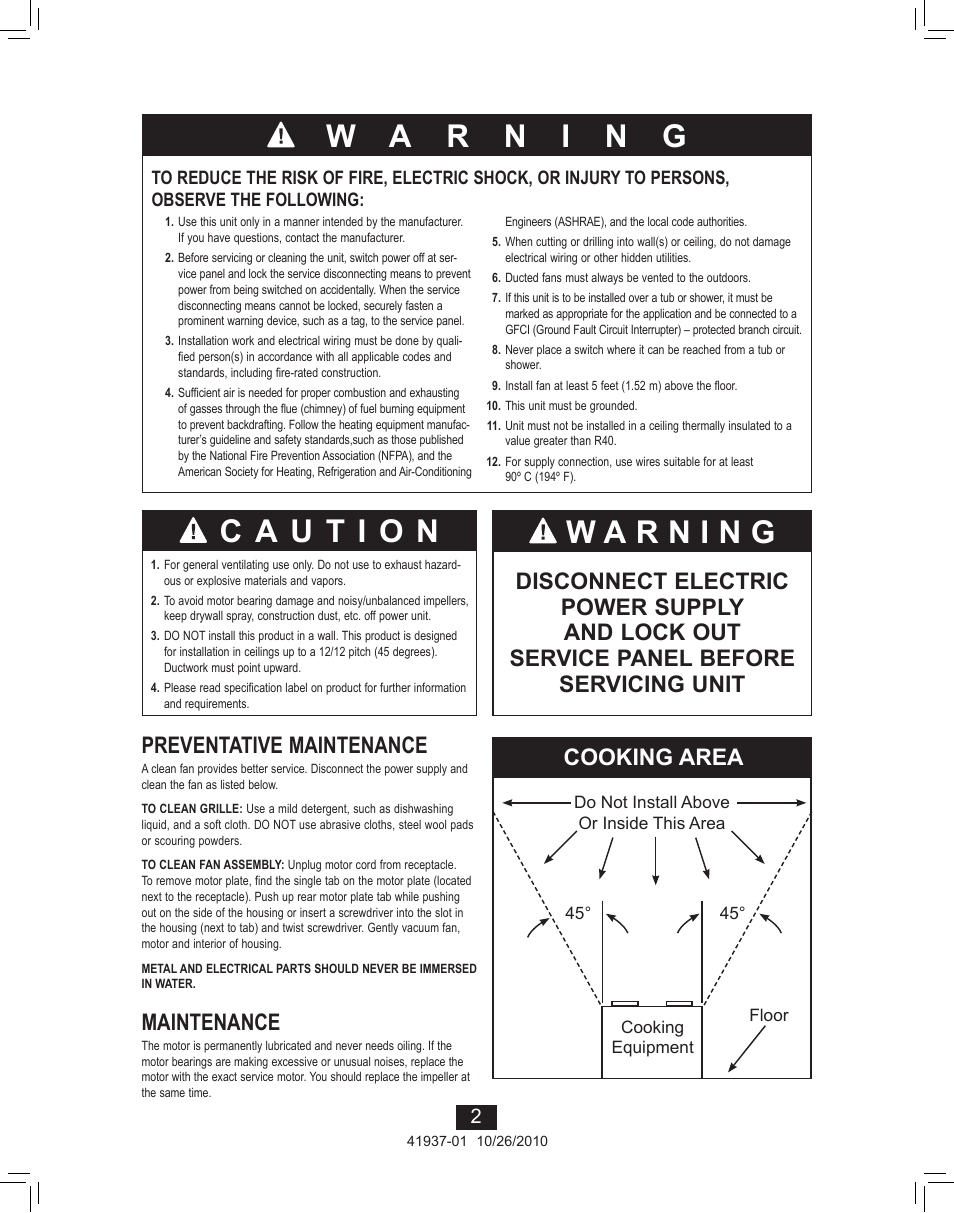 Preventative maintenance, Maintenance, Cooking area | Hunter Fan ASHBURY 81003 User Manual | Page 2 / 14