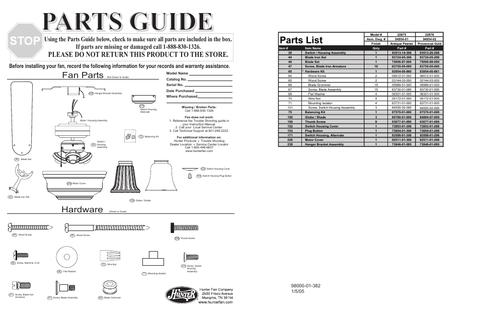 Parts guide, Parts list, Fan parts | Hardware, Please do not return this product to the store | Hunter Fan 22876 User Manual | Page 2 / 4