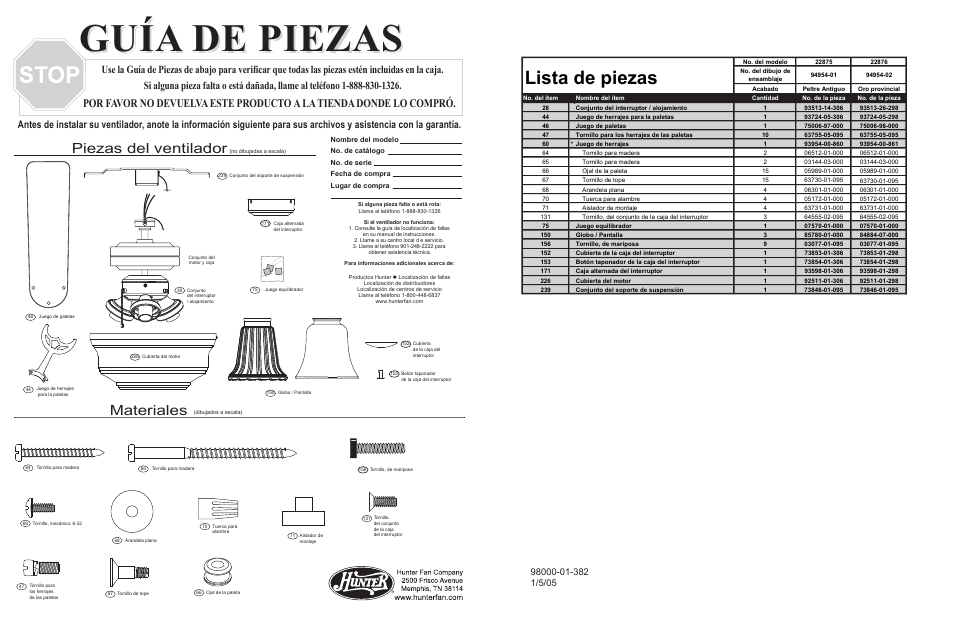 Guía de piezas, Lista de piezas, Materiales | Piezas del ventilador | Hunter Fan 22876 User Manual | Page 4 / 4