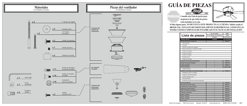 Guía de piezas, Materiales, Piezas del ventilador | Parada, Lista de piezas | Hunter Fan 28607 User Manual | Page 2 / 2