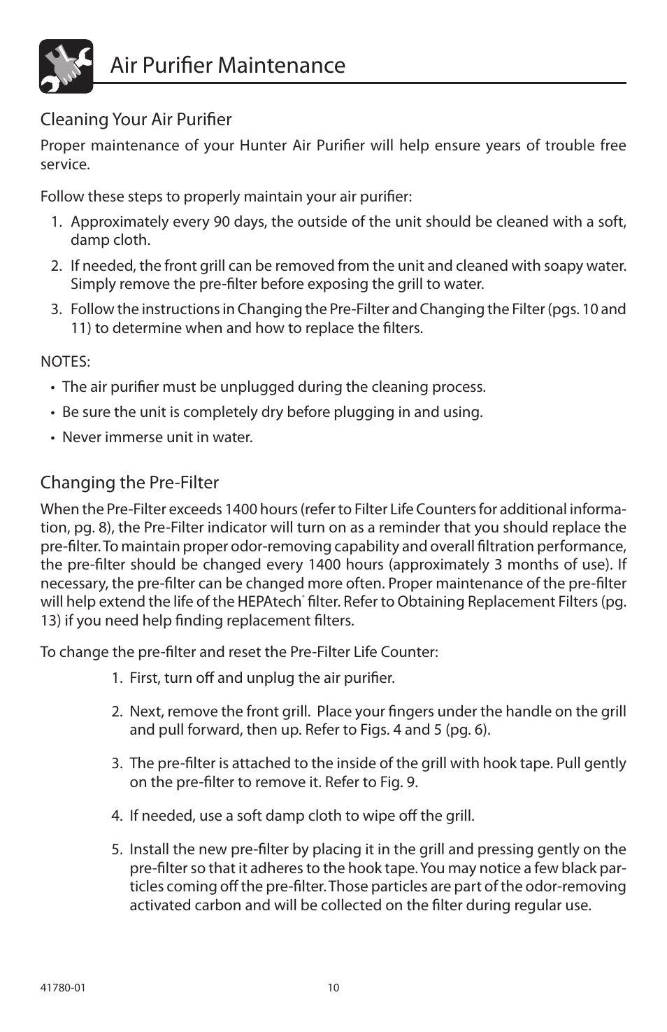 Air purifier maintenance, Cleaning your air purifier, Changing the pre-filter | Hunter Fan 30710 User Manual | Page 10 / 17