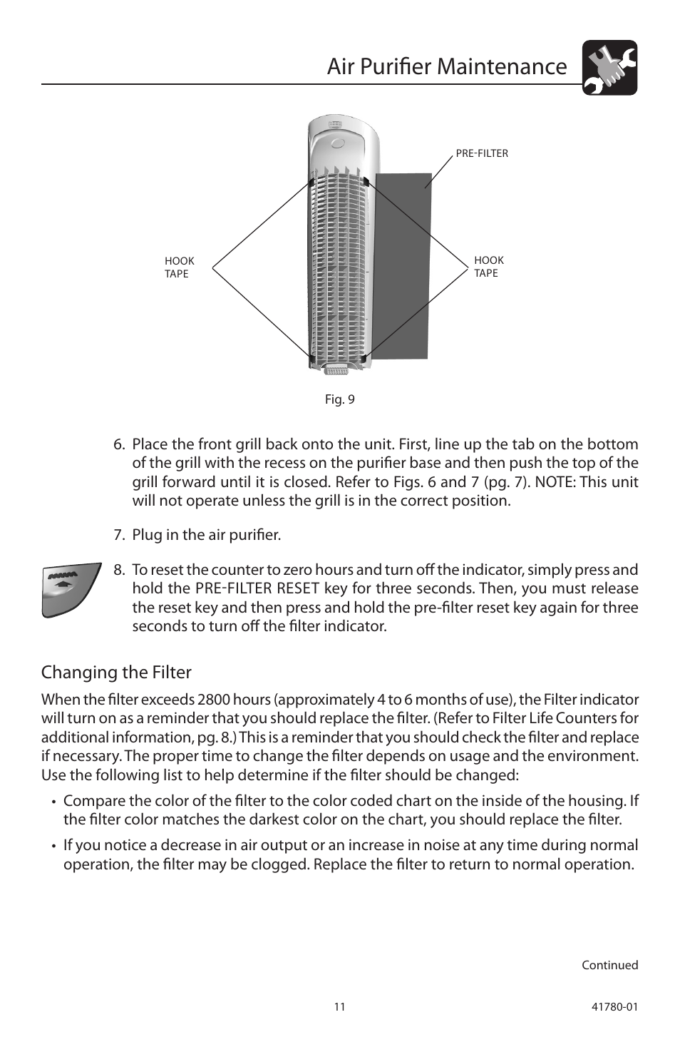 Air purifier maintenance, Changing the filter | Hunter Fan 30710 User Manual | Page 11 / 17