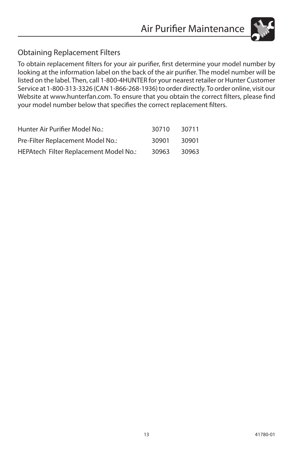 Air purifier maintenance, Obtaining replacement filters | Hunter Fan 30710 User Manual | Page 13 / 17