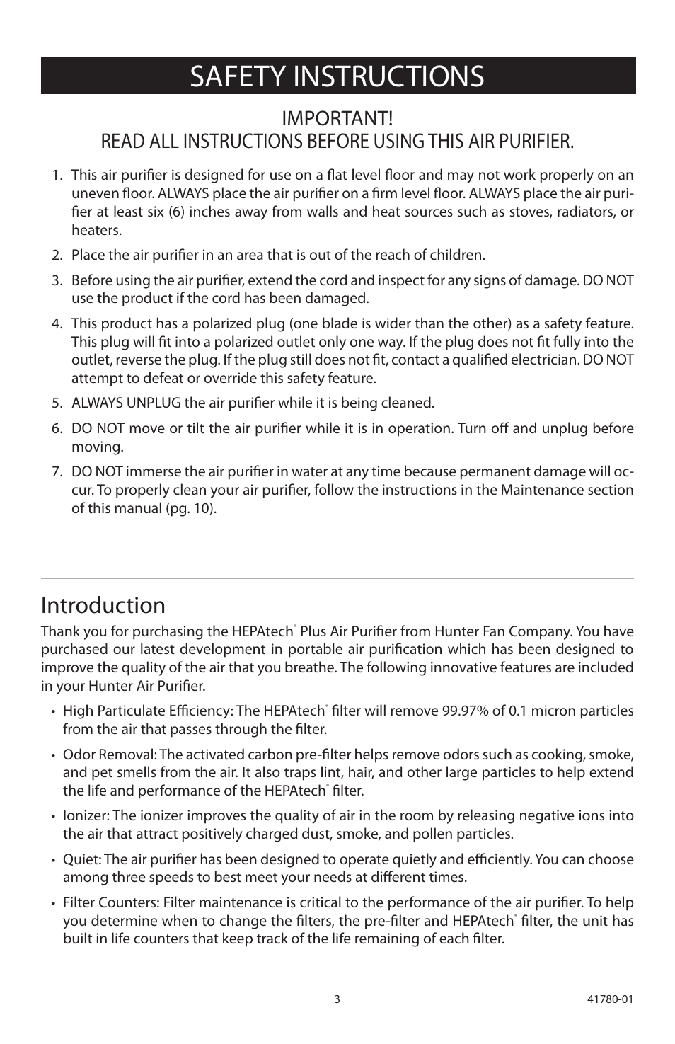 Safety instructions, Introduction, Read and save all instructions | Hunter Fan 30710 User Manual | Page 3 / 17