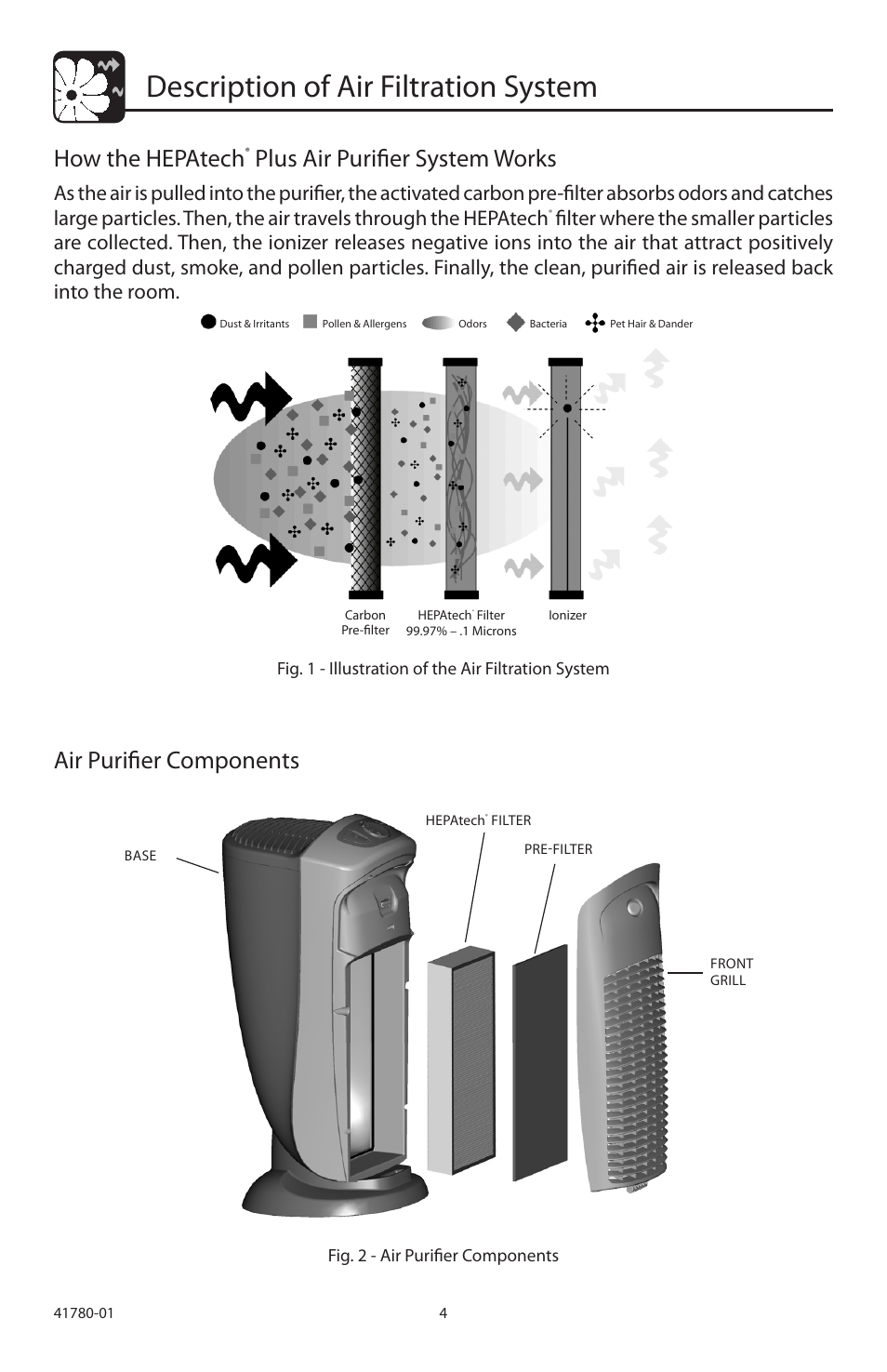 Description of air filtration system, Air purifier components, How the hepatech | Plus air purifier system works | Hunter Fan 30710 User Manual | Page 4 / 17