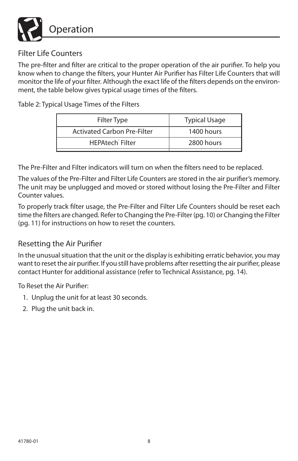 Operation, Filter life counters, Resetting the air purifier | Hunter Fan 30710 User Manual | Page 8 / 17