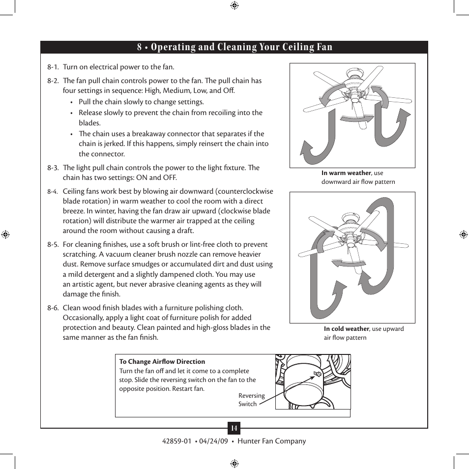 8 • operating and cleaning your ceiling fan | Hunter Fan Type A Models User Manual | Page 14 / 15