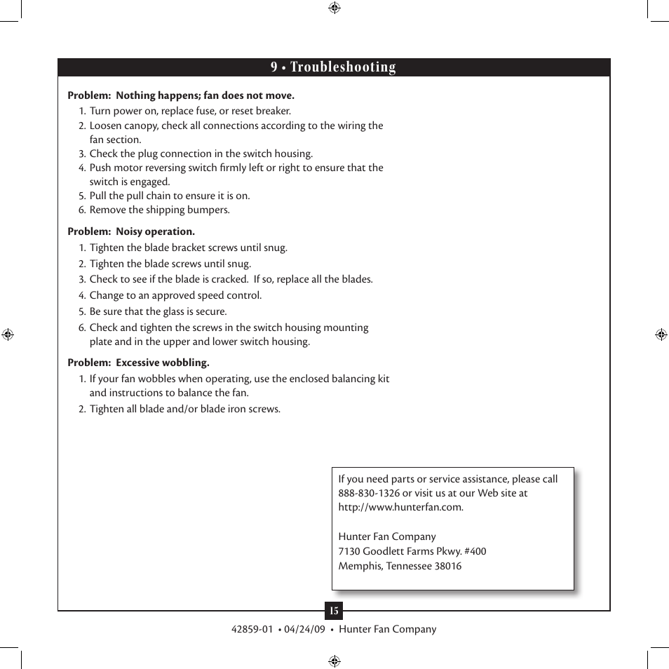 9 • troubleshooting | Hunter Fan Type A Models User Manual | Page 15 / 15