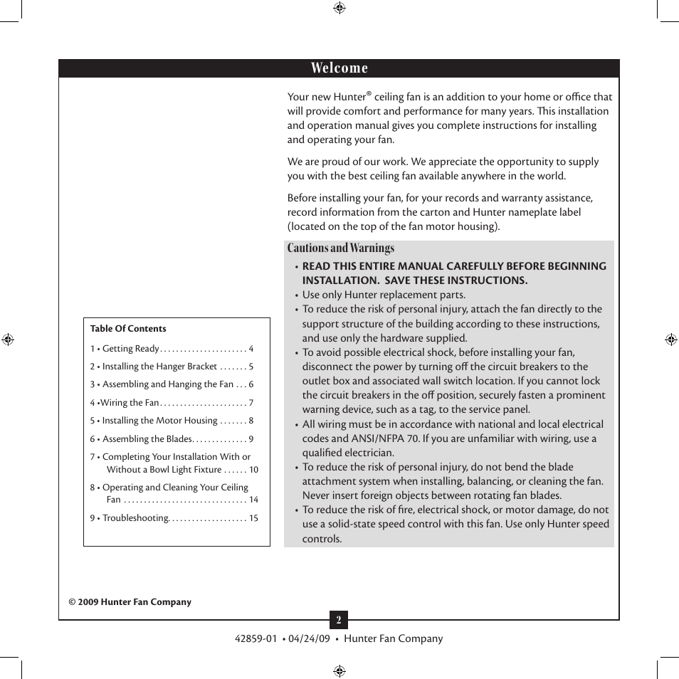 Welcome, Cautions and warnings | Hunter Fan Type A Models User Manual | Page 2 / 15