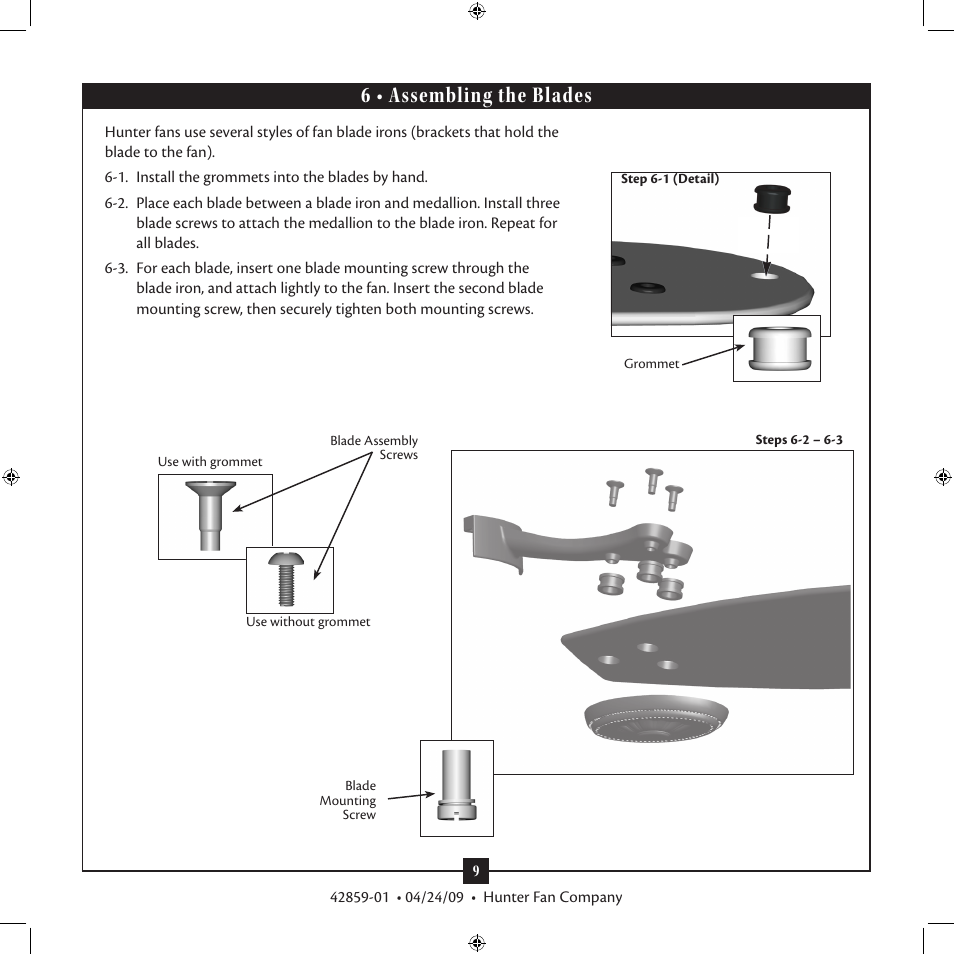 6 • assembling the blades | Hunter Fan Type A Models User Manual | Page 9 / 15