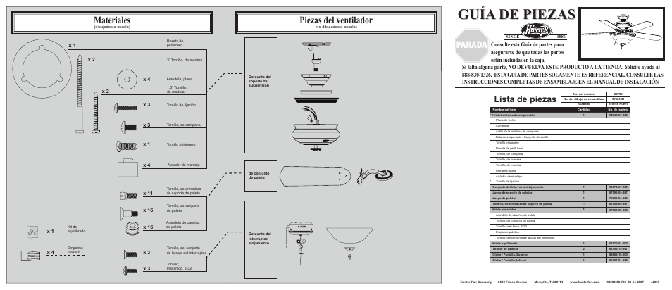 Guía de piezas, Materiales, Piezas del ventilador | Parada, Lista de piezas | Hunter Fan 23798 User Manual | Page 2 / 2