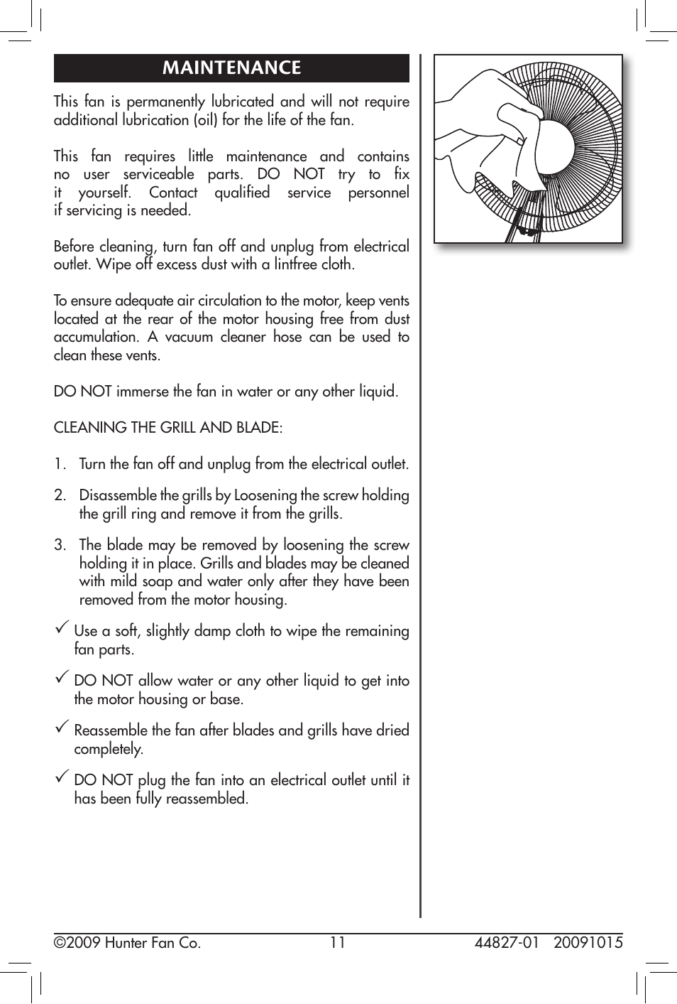 Maintenance | Hunter Fan 20091015 User Manual | Page 11 / 14