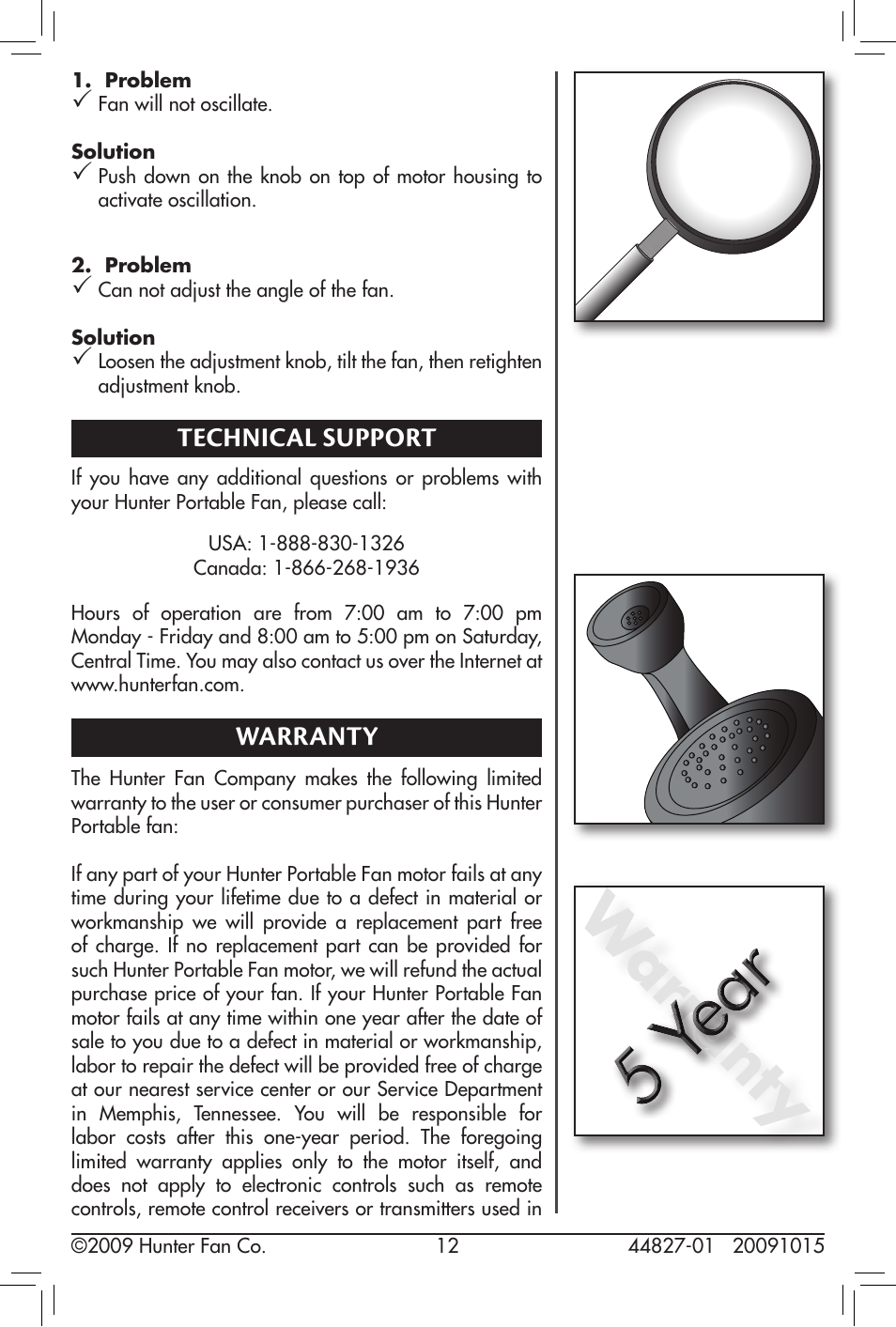 Technical support, Warranty | Hunter Fan 20091015 User Manual | Page 12 / 14