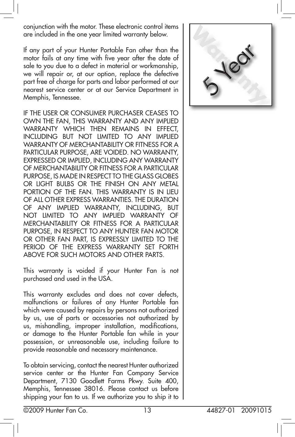 Warranty | Hunter Fan 20091015 User Manual | Page 13 / 14