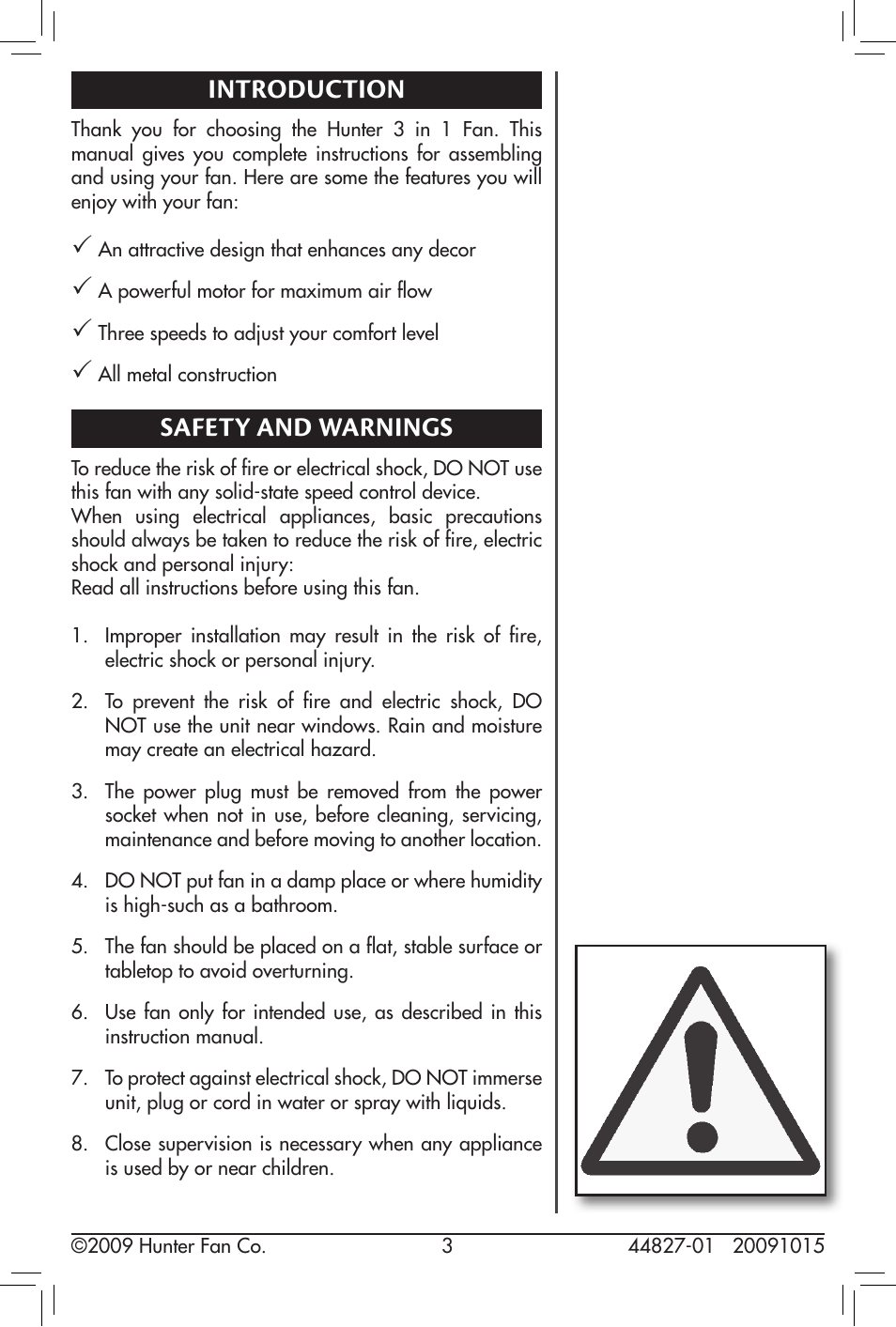 Introduction, Safety and warnings | Hunter Fan 20091015 User Manual | Page 3 / 14