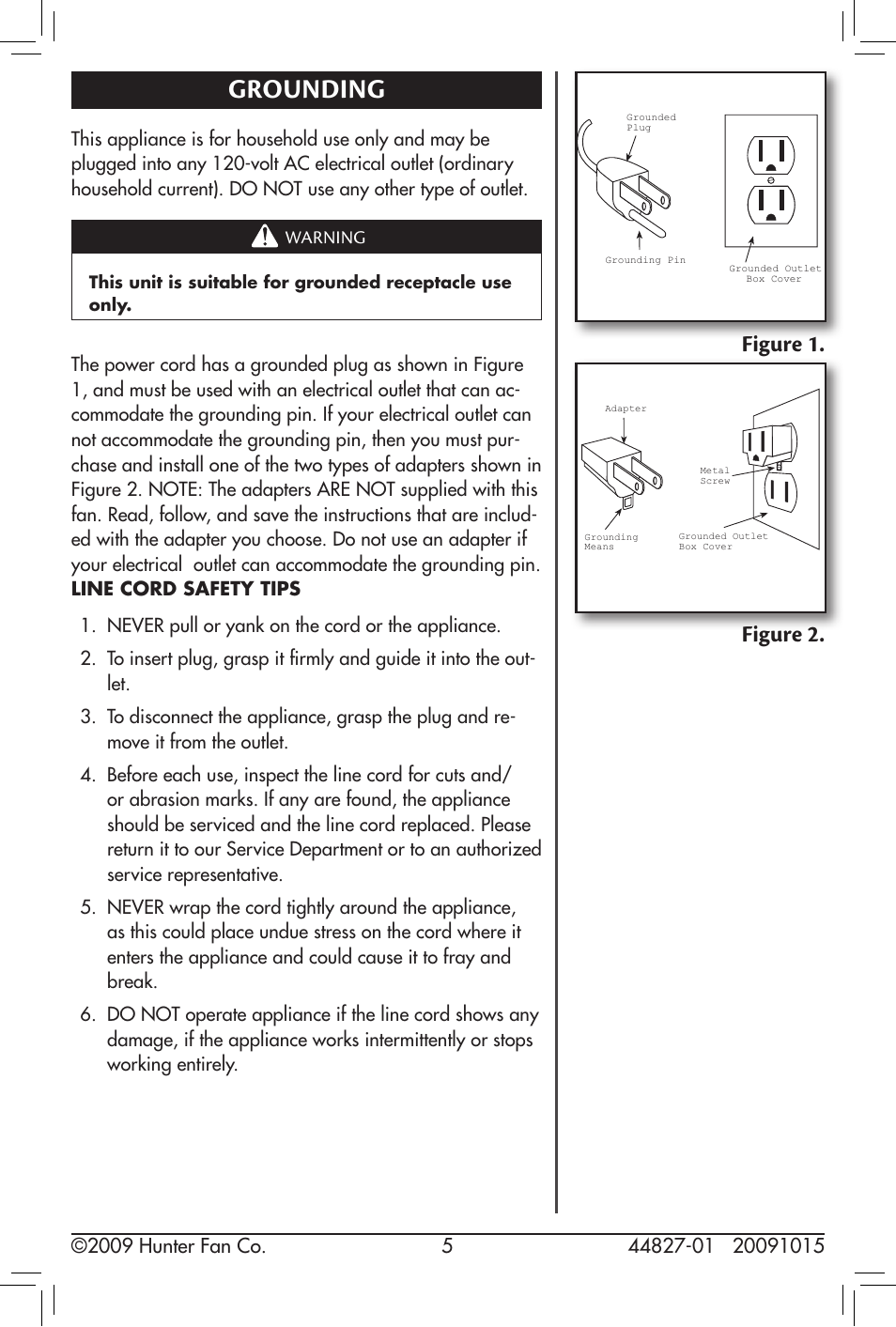 Grounding, Figure 1, Figure 2 | Hunter Fan 20091015 User Manual | Page 5 / 14
