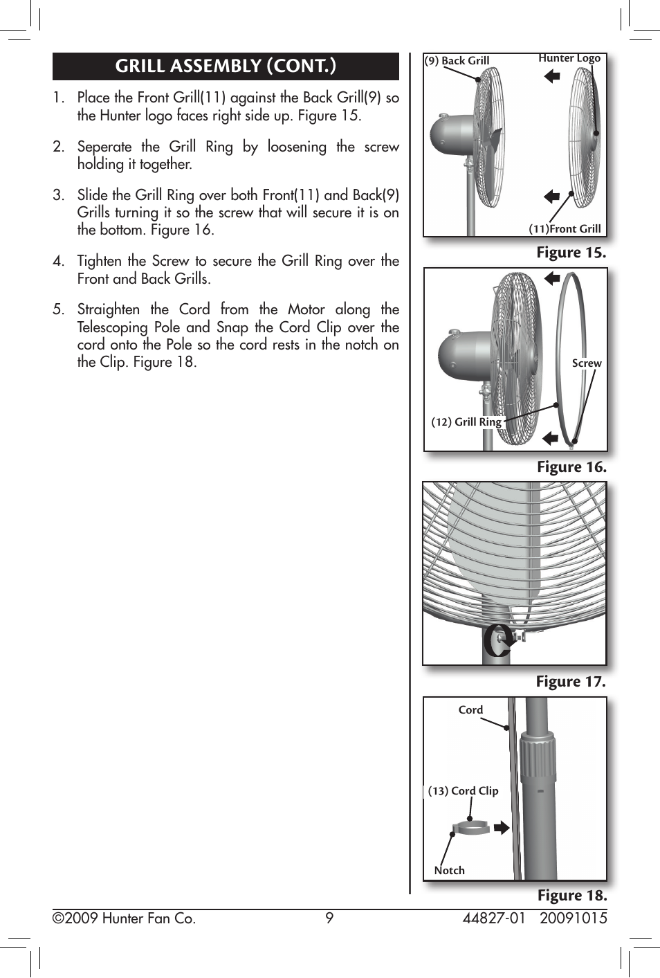 Grill assembly (cont.), Figure 18 | Hunter Fan 20091015 User Manual | Page 9 / 14