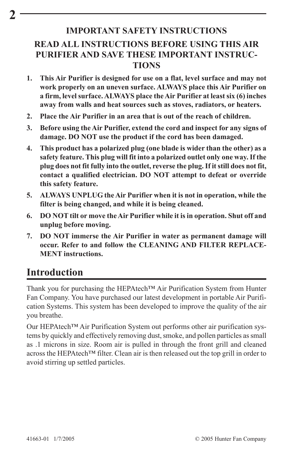 Introduction | Hunter Fan HEPATECH 30067 User Manual | Page 2 / 8