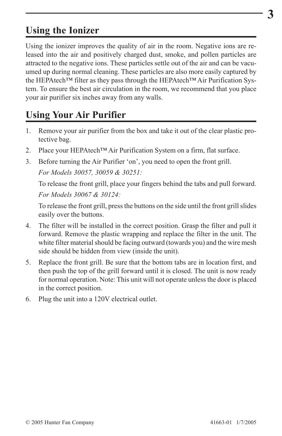 Using the ionizer, Using your air purifier | Hunter Fan HEPATECH 30067 User Manual | Page 3 / 8