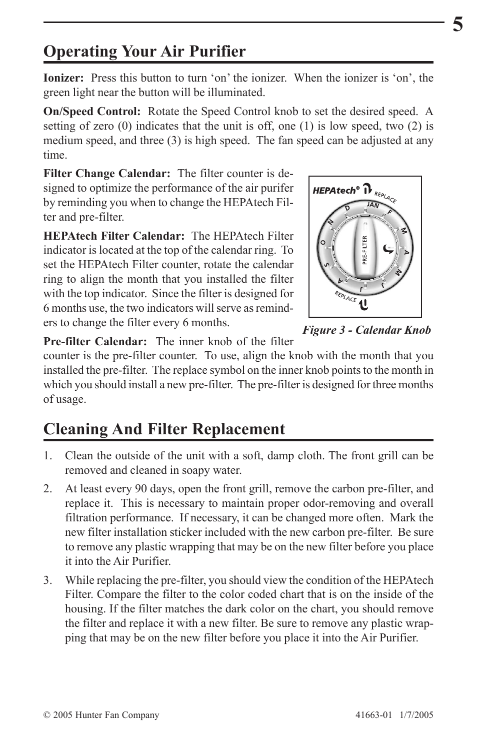 Operating your air purifier, Cleaning and filter replacement | Hunter Fan HEPATECH 30067 User Manual | Page 5 / 8