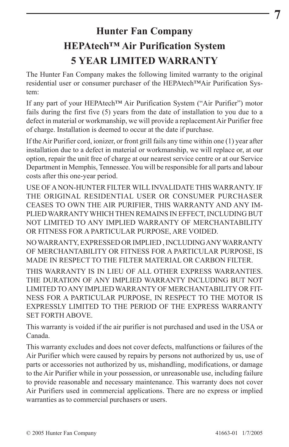 Hunter Fan HEPATECH 30067 User Manual | Page 7 / 8