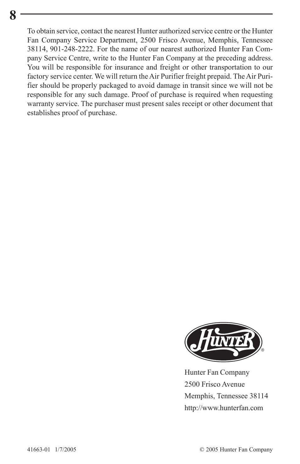 Hunter Fan HEPATECH 30067 User Manual | Page 8 / 8