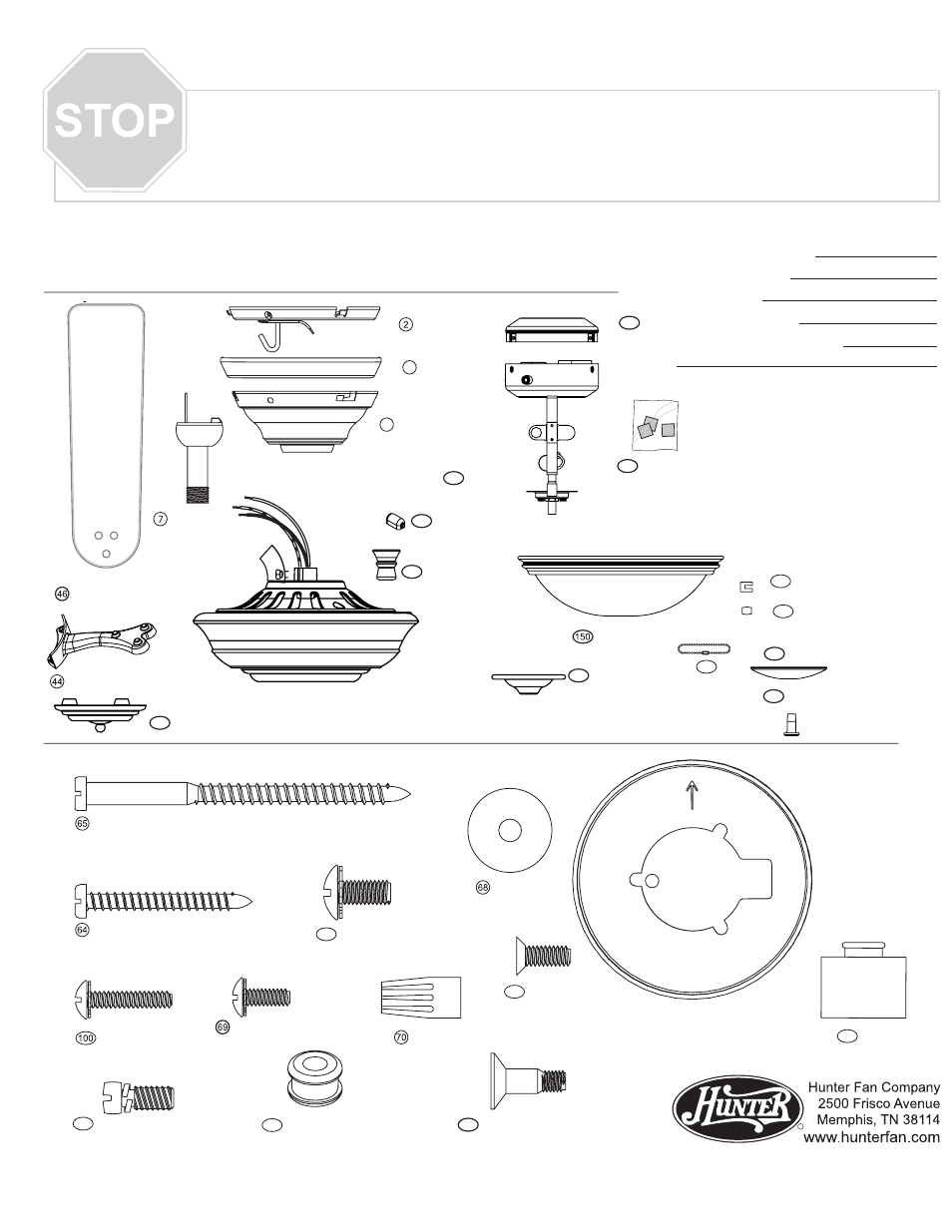 Parts guide, Guía de piezas, Piezas del ventilador | Herrajes | Hunter Fan 20552 User Manual | Page 3 / 4