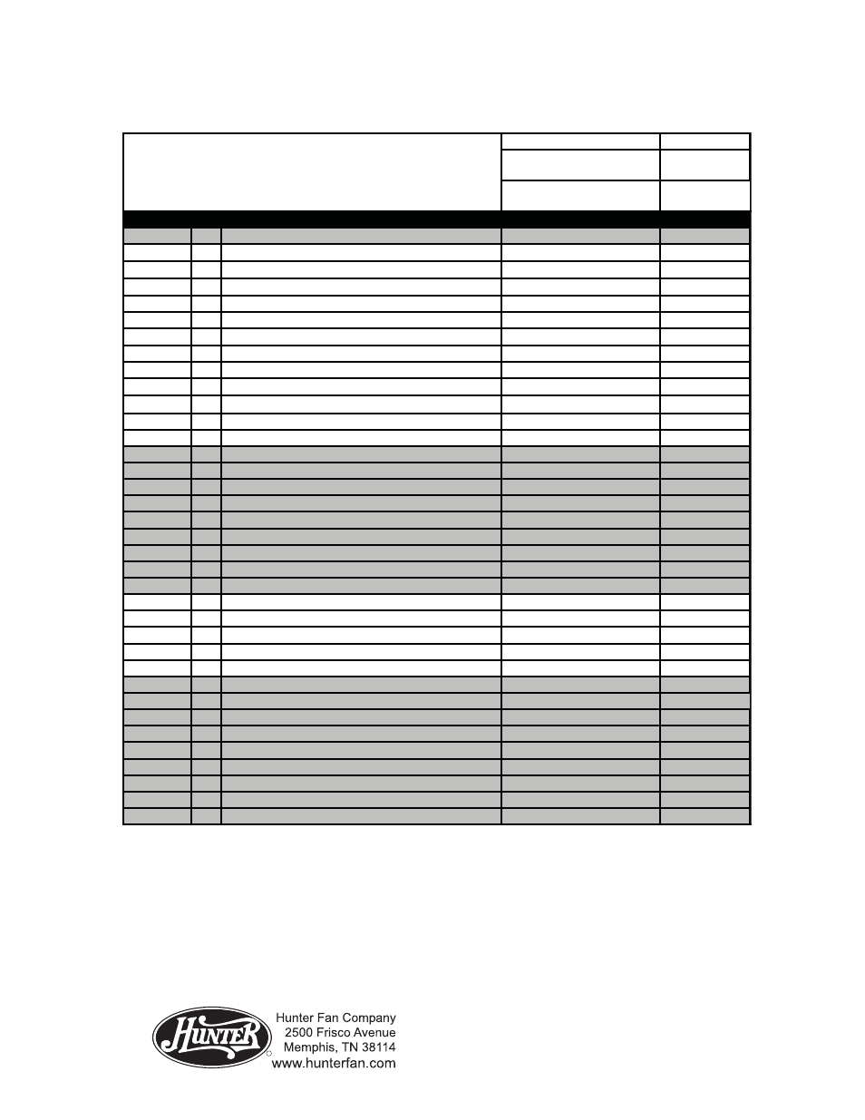 Parts guide, Guía de piezas, Lista de piezas | Hunter Fan 20552 User Manual | Page 4 / 4