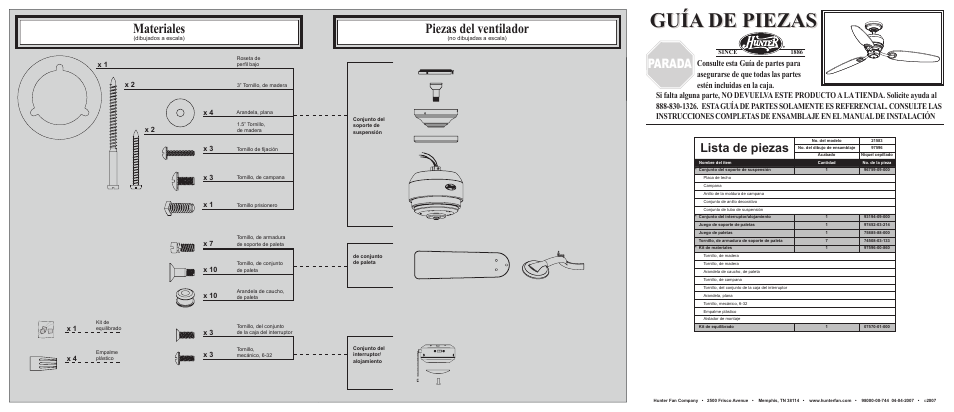 Guía de piezas, Materiales, Piezas del ventilador | Parada, Lista de piezas | Hunter Fan 21583 User Manual | Page 2 / 2